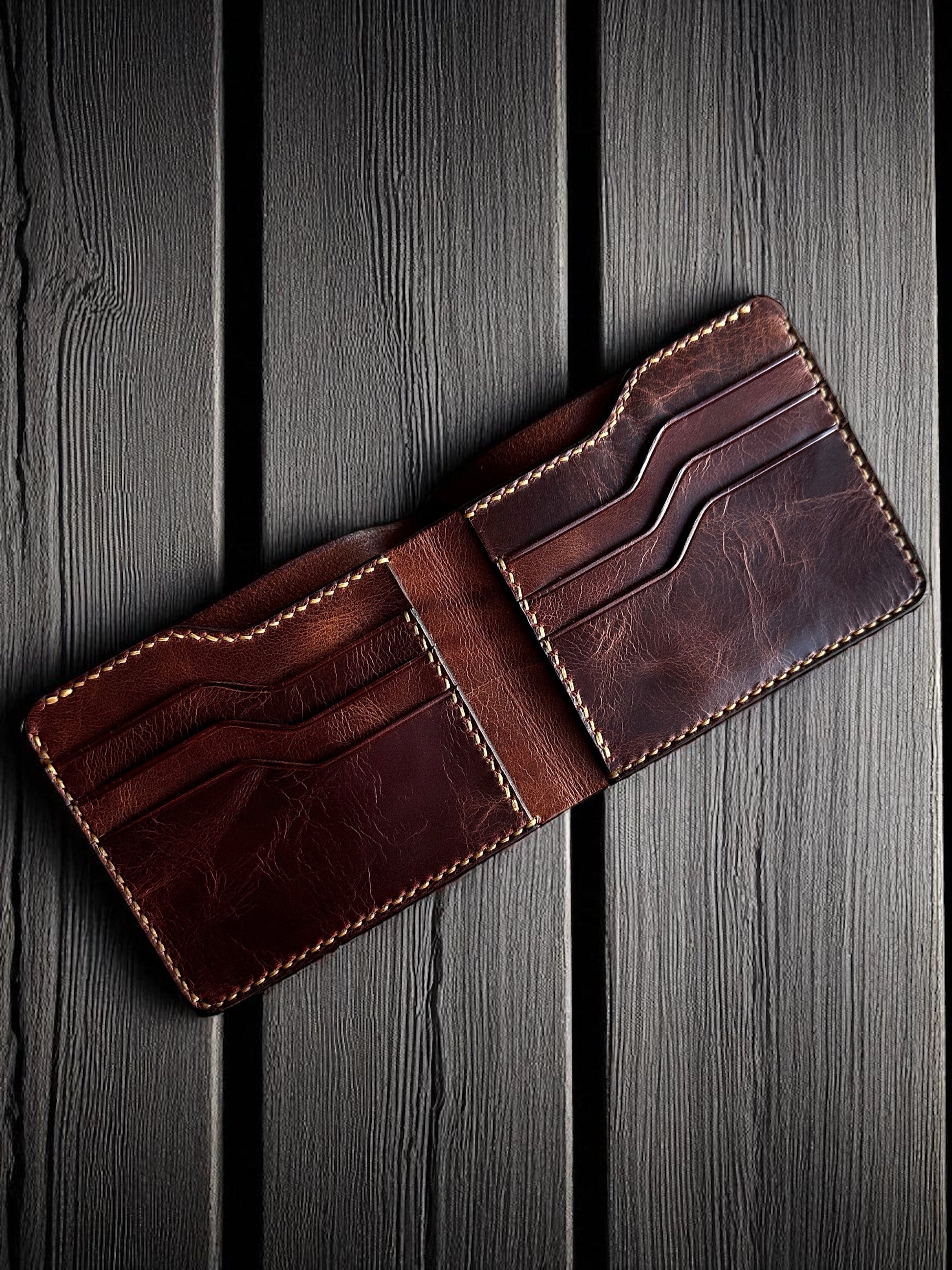 Safir Leather handmade dark brown Italian leather bifold wallet with multiple card slots and cash compartment, vintage design.