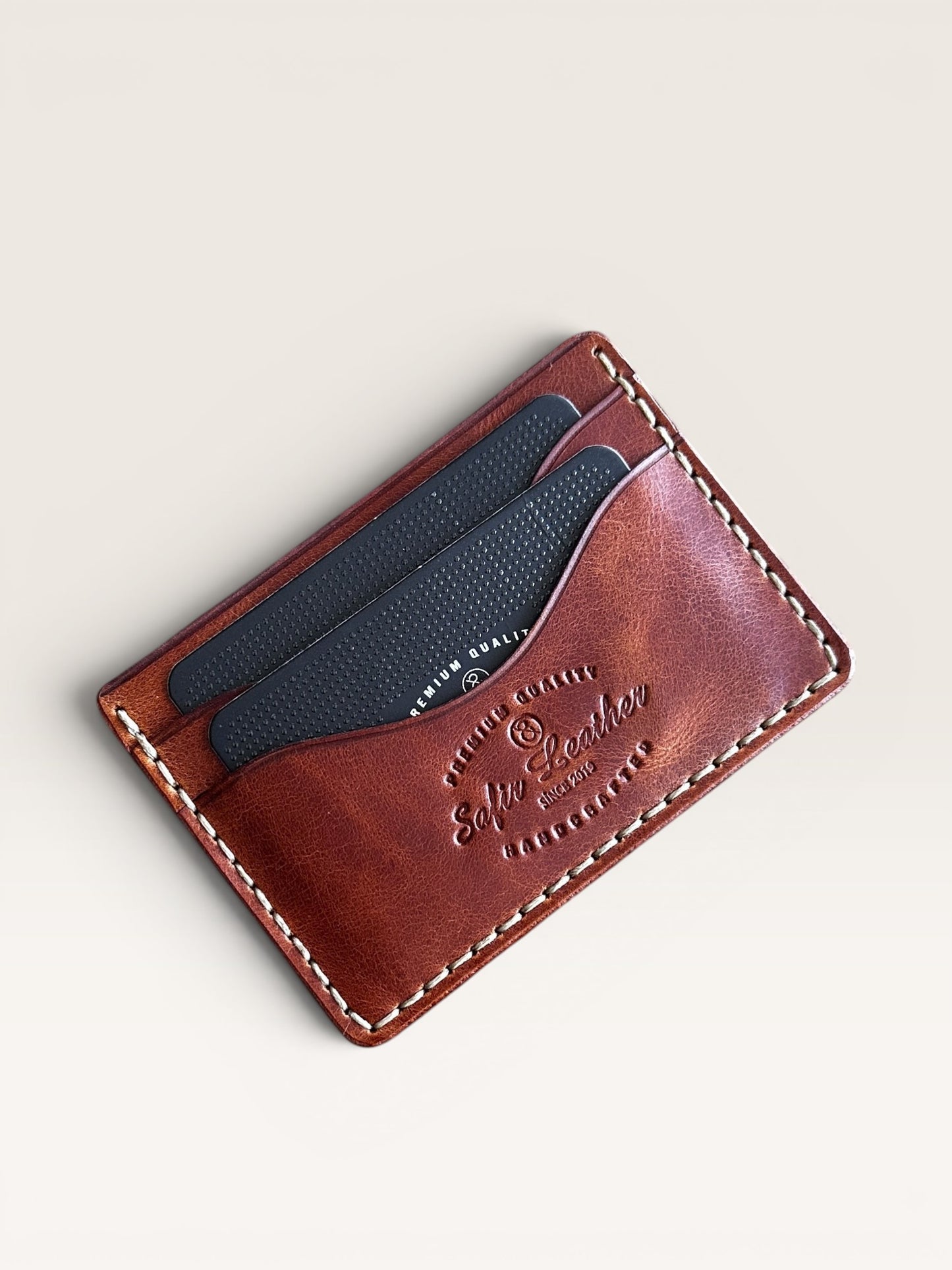 Safir Leather brown handmade Italian leather cardholder with 5 slots and organic stitching