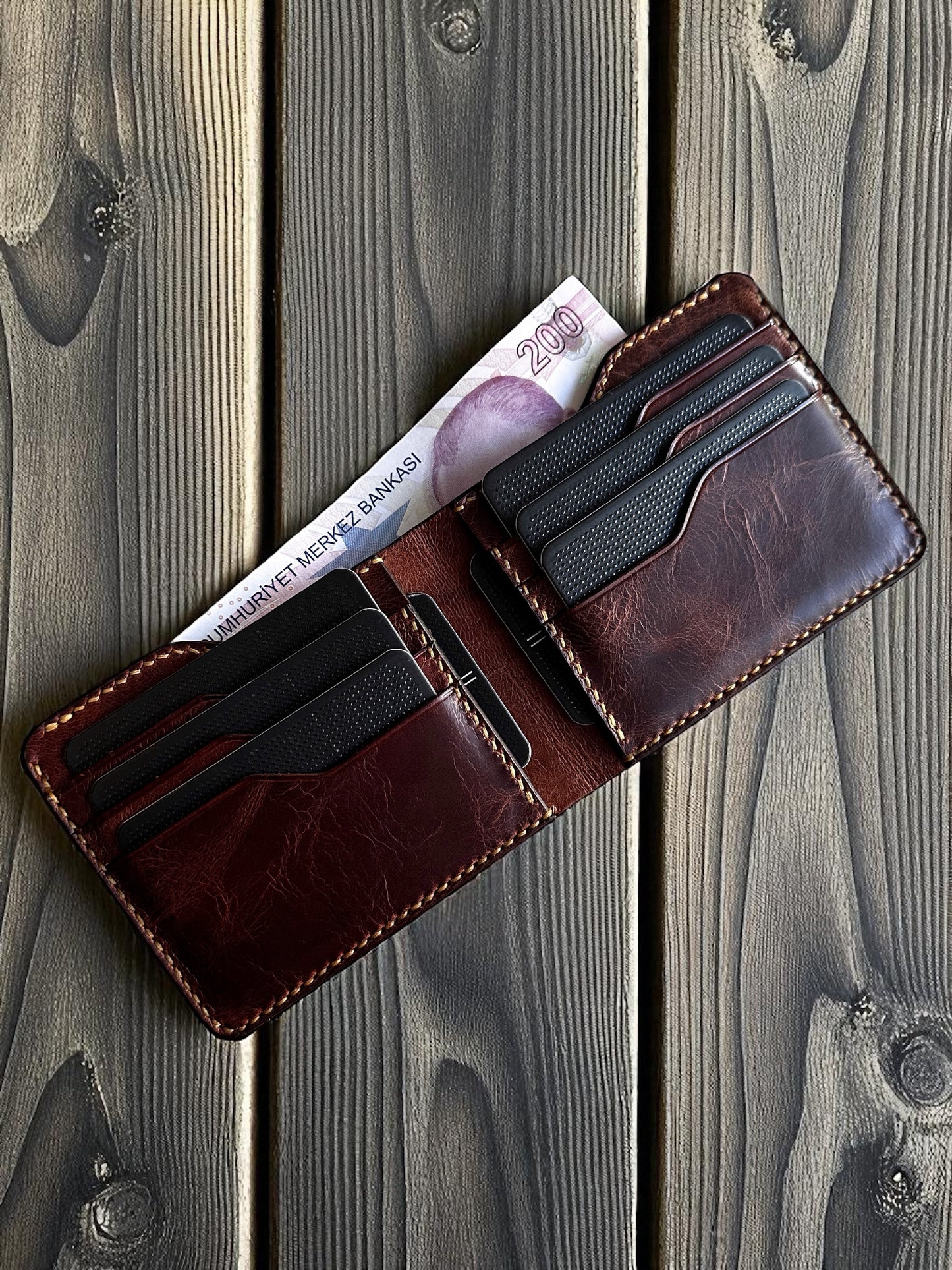 Safir Leather handmade dark brown genuine Italian leather bifold wallet with card slots and cash compartment, vintage design.