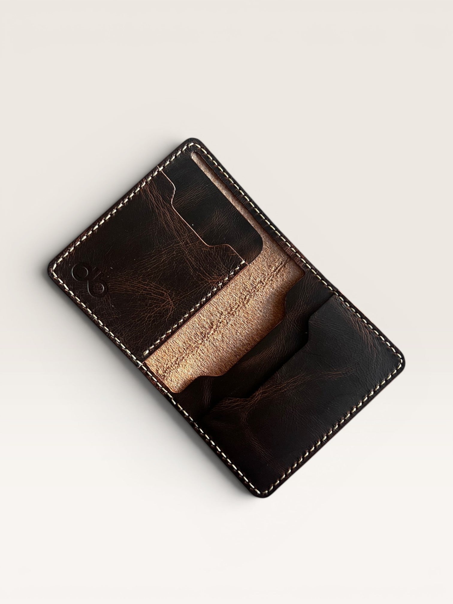 Safir Leather Italian dark brown distressed leather minimalist wallet with white stitching, 6-12 card capacity.