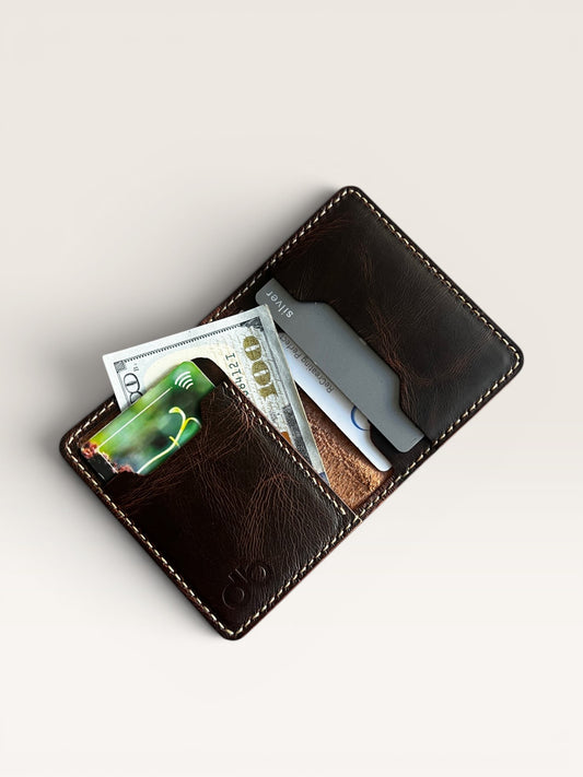 Safir Leather Italian dark brown genuine leather minimalist wallet with card slots and cash.