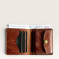 Safir Leather el yapımı kahve rengi İtalyan deri cüzdan, kart bölmeleri ve çıtçıtlı kapaklı.