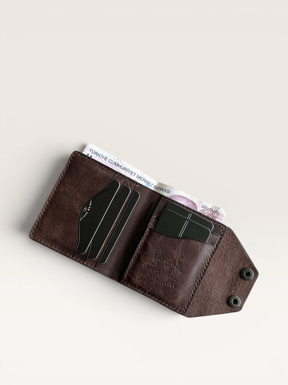Safir Leather kahve rengi, hakiki deri, el yapımı, kart bölmeli erkek cüzdanı.