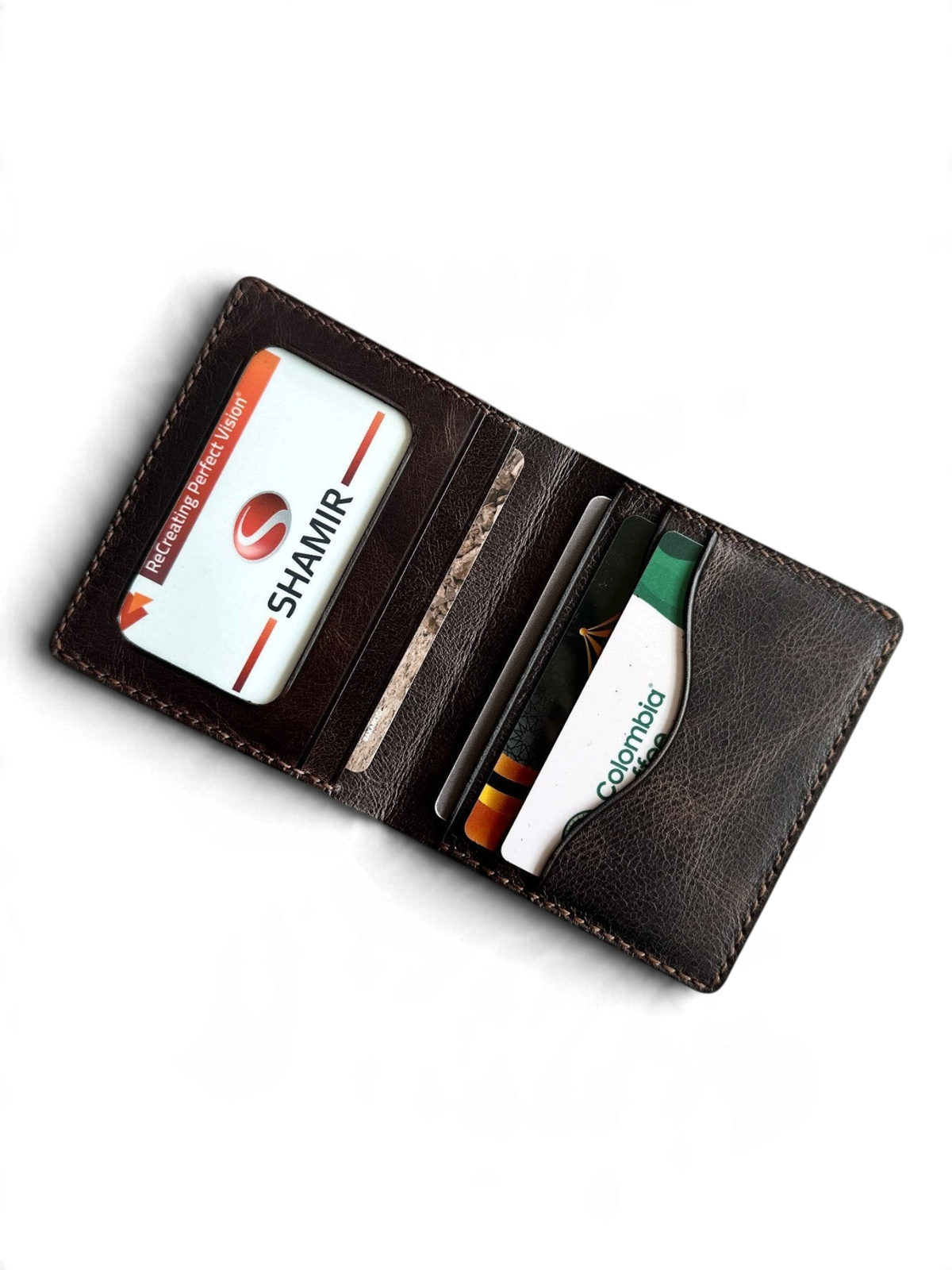 Safir Leather el yapımı kahve rengi İtalyan deri cüzdan, kart bölmeli ve şık tasarımlı.