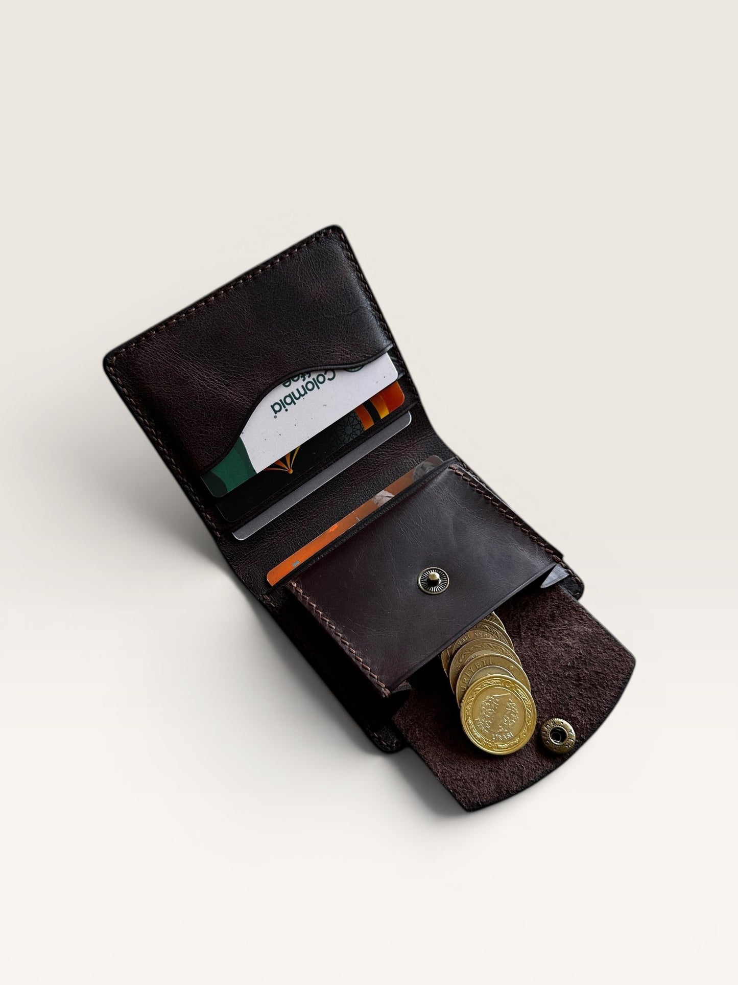 Safir Leather el yapımı kahve rengi İtalyan deri cüzdan, bozuk para bölmeli ve kart yuvalı
