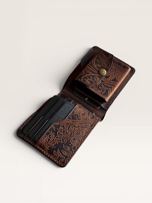 Safir Leather, kahverengi, hakiki deri, el yapımı, kaşmir desenli, kartlıklı, bozuk para gözlü, minimal cüzdan.