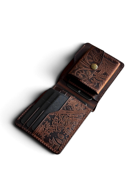 Safir Leather, kahverengi, hakiki deri, el yapımı, kaşmir desenli, kartlıklı, bozuk para gözlü, minimal cüzdan.
