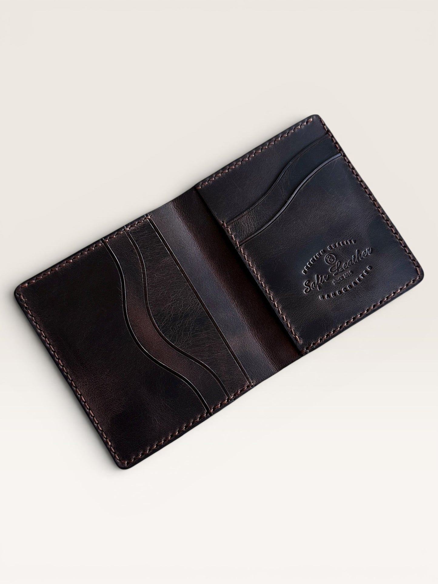 Safir Leather kahverengi İtalyan deri Babil model cüzdan, kart ve para bölmeli, el yapımı, 10x9cm.