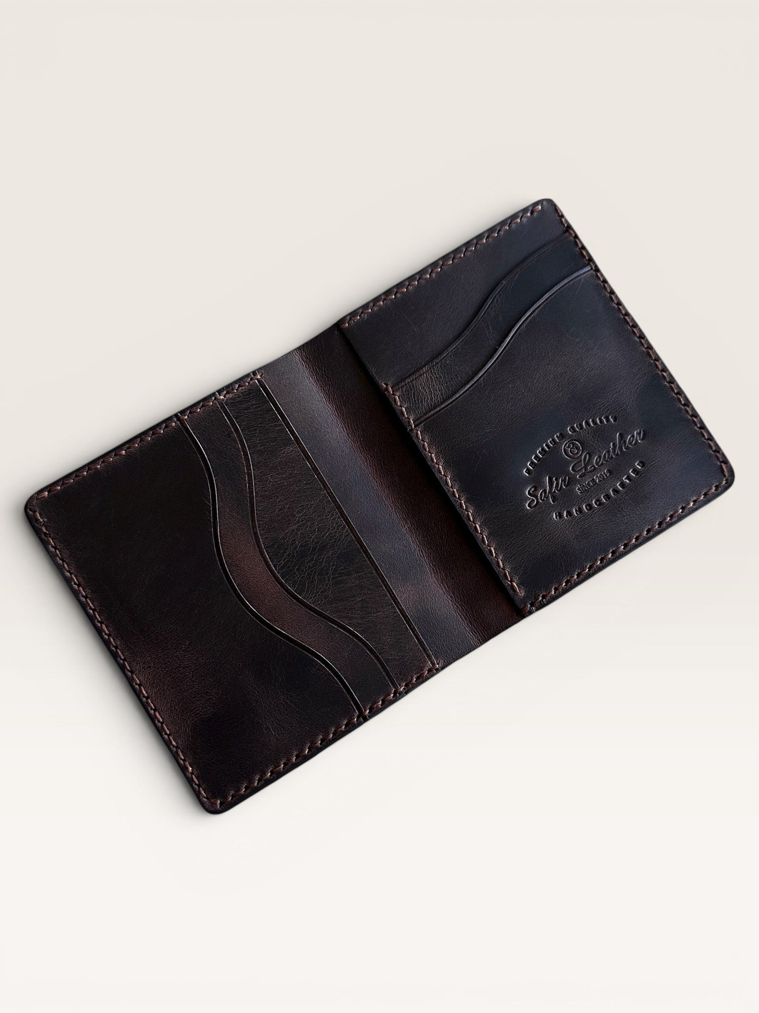 Safir Leather kahverengi İtalyan deri Babil model cüzdan, kart ve para bölmeli, el yapımı, 10x9cm.