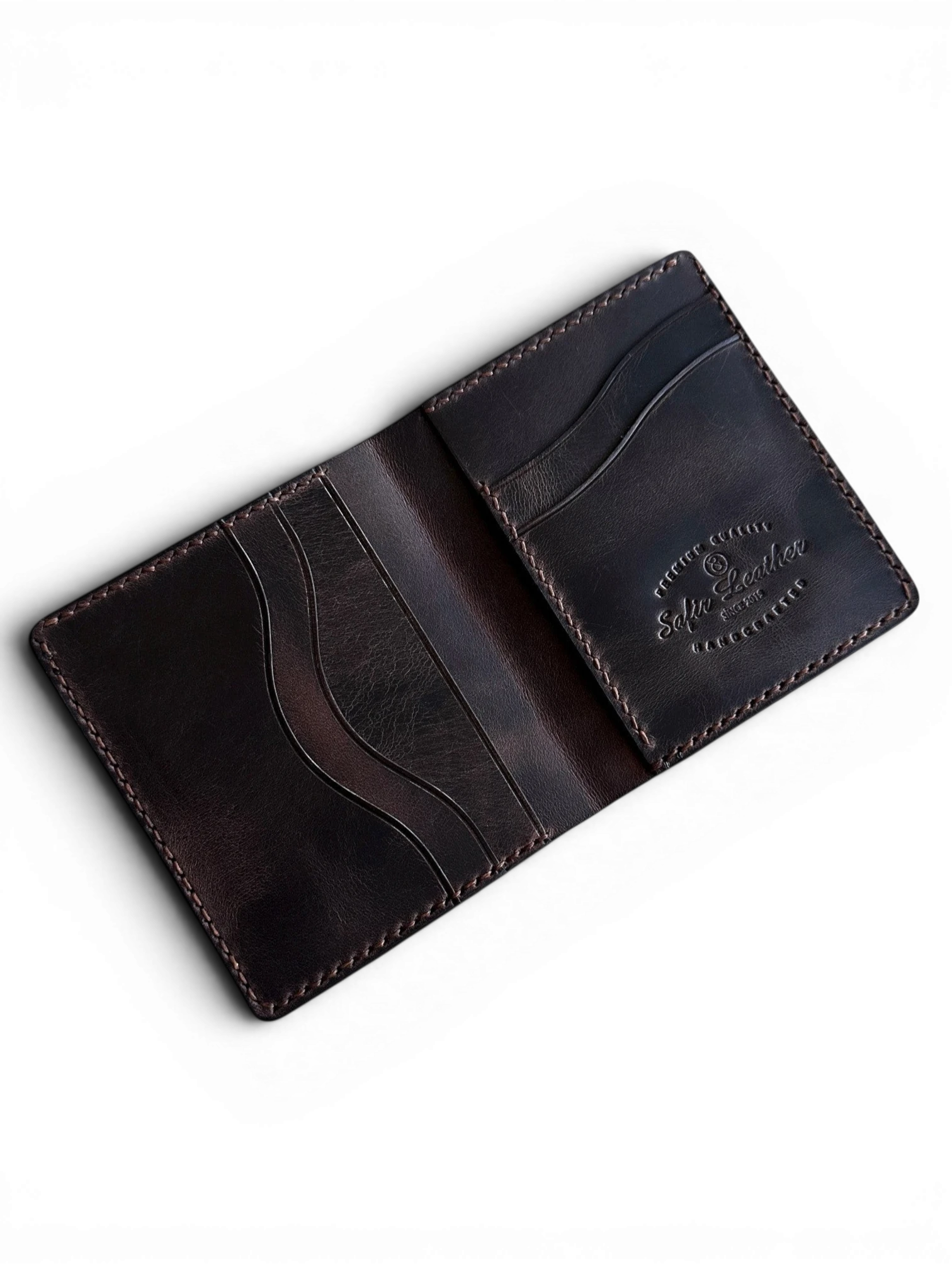 Safir Leather kahverengi İtalyan deri Babil model cüzdan, kart ve para bölmeli, el yapımı, 10x9cm.