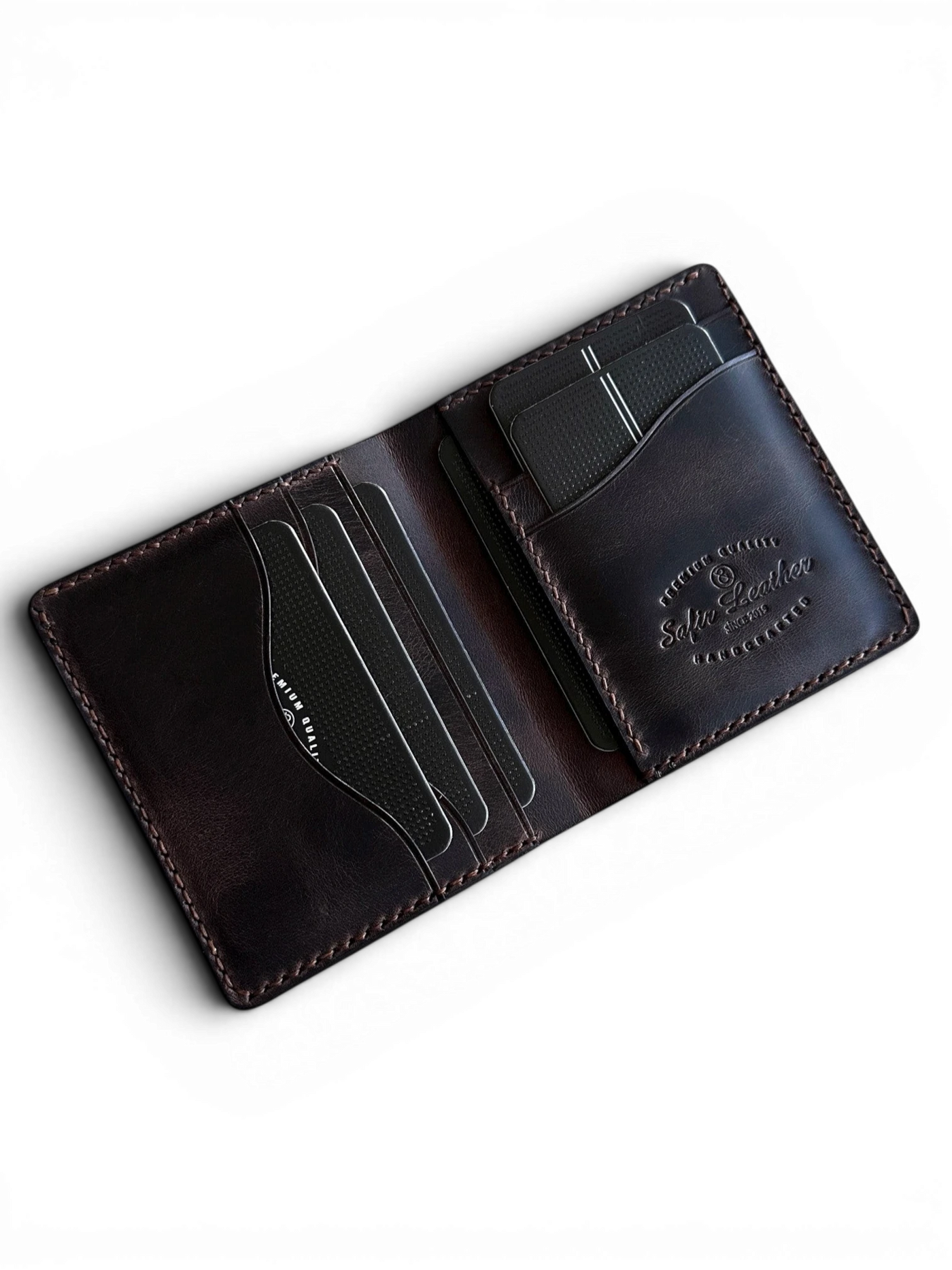 Safir Leather kahverengi İtalyan deri Babil model cüzdan, kart bölmeli ve elde dikilmiş.