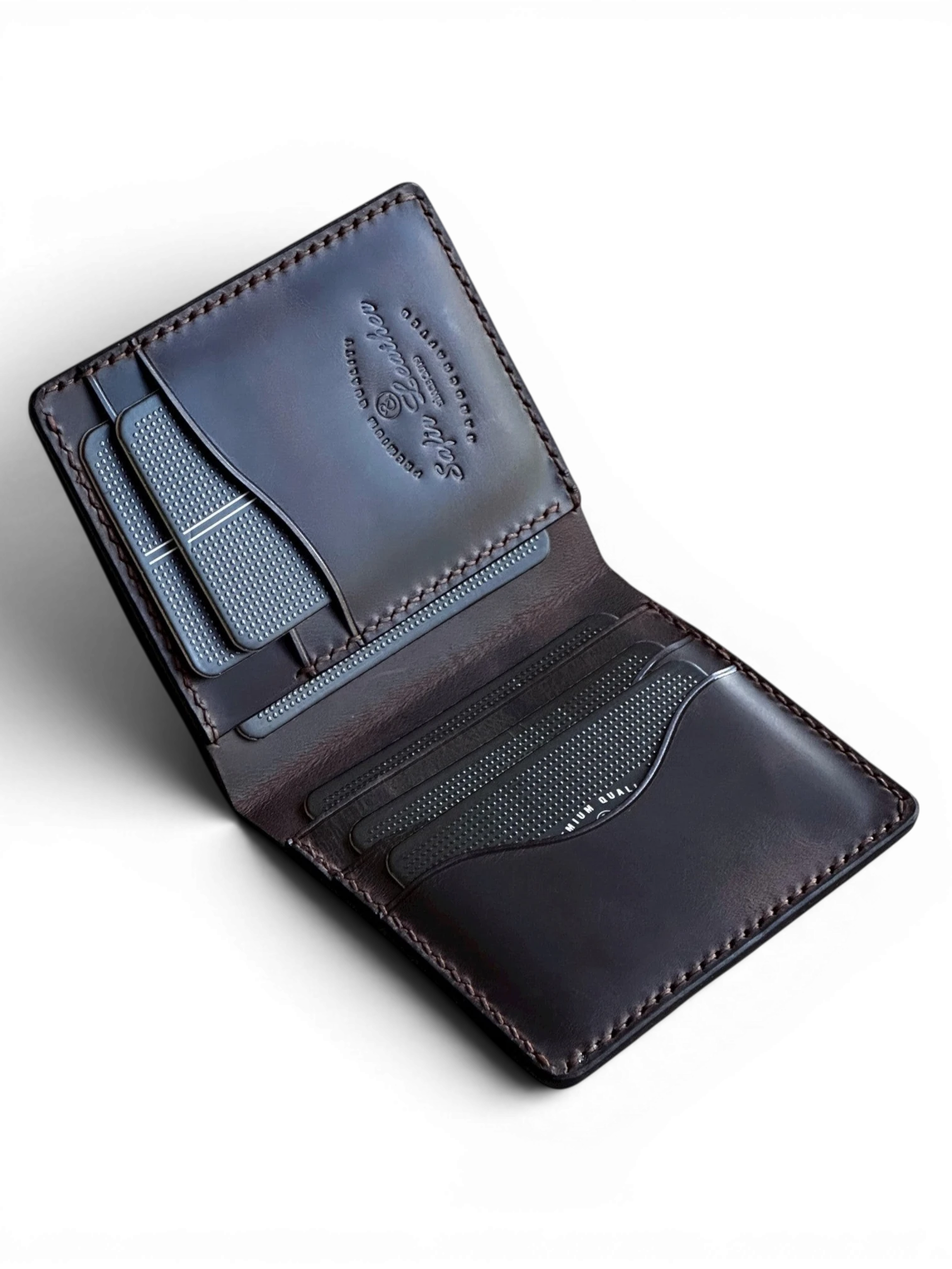 Safir Leather Babil model kahverengi İtalyan deri cüzdan, kart ve para bölmeli, el yapımı.