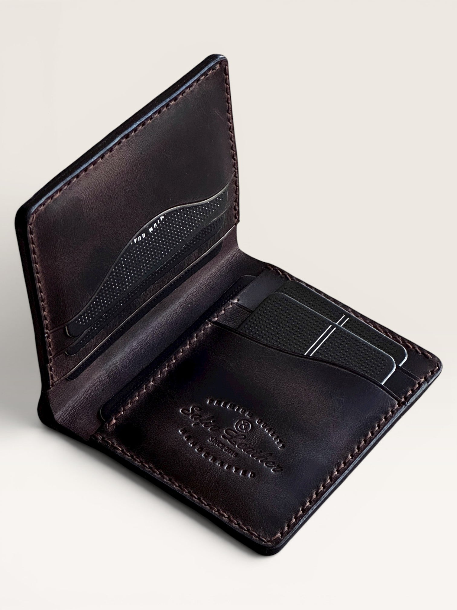 Safir Leather Babil model kahverengi İtalyan deri cüzdan, kart ve para bölmeli, el yapımı.