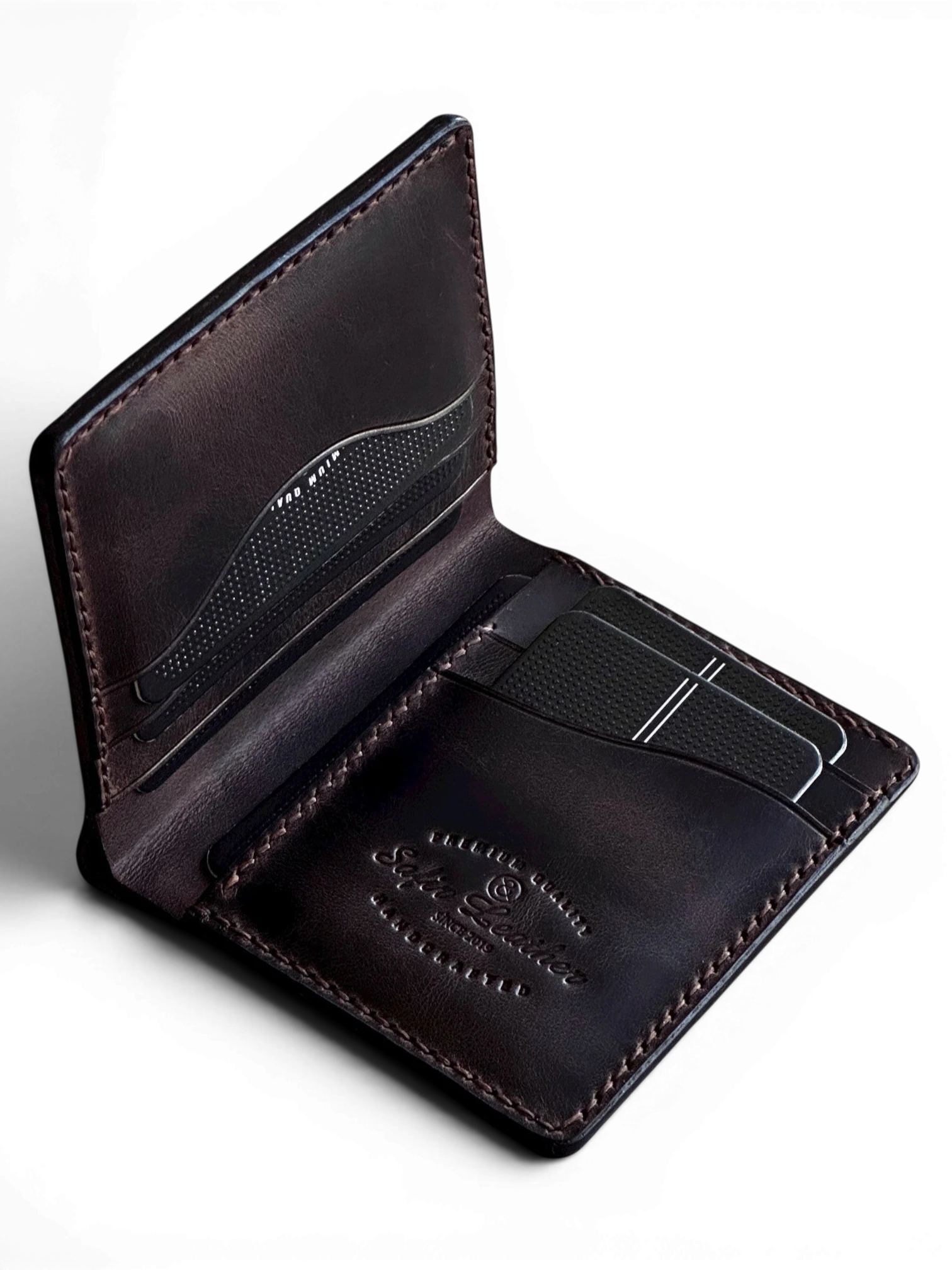 Safir Leather Babil model kahverengi İtalyan deri cüzdan, kart ve para bölmeli, el yapımı.
