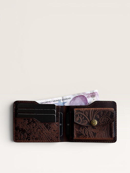 Safir Leather kahverengi hakiki deri, kaşmir desenli, 5 kart gözlü, bozuk para cepli, el yapımı cüzdan.