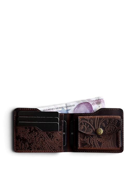Safir Leather kahverengi hakiki deri, kaşmir desenli, 5 kart gözlü, bozuk para cepli, el yapımı cüzdan.