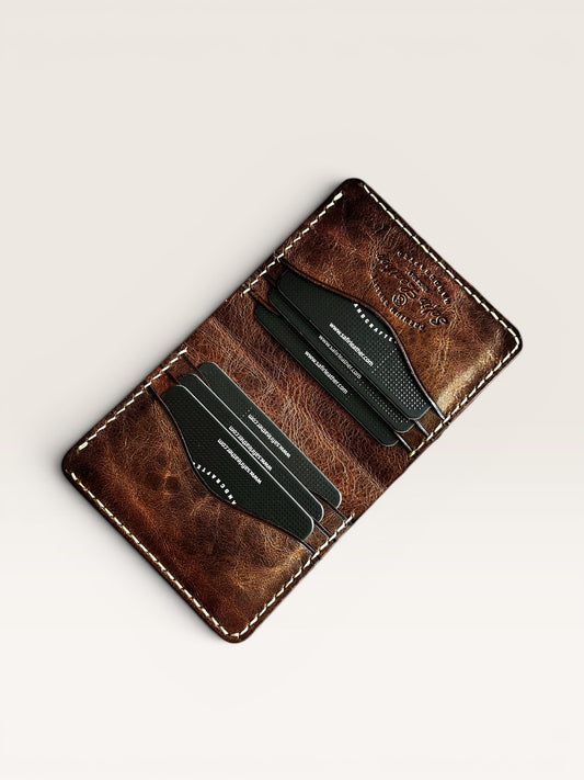 Safir Leather el yapımı kahverengi İtalyan deri cüzdan, 8-12 kart kapasiteli, minimal tasarım.
