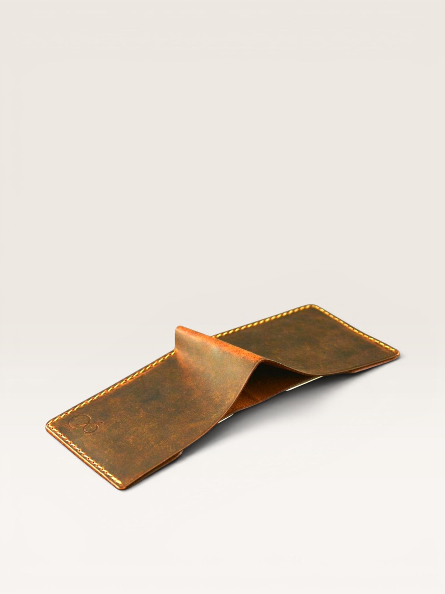 Safir Leather kahverengi deri, el yapımı, minimal klasik cüzdan. Vintage görünüm, 8.7x11 cm.