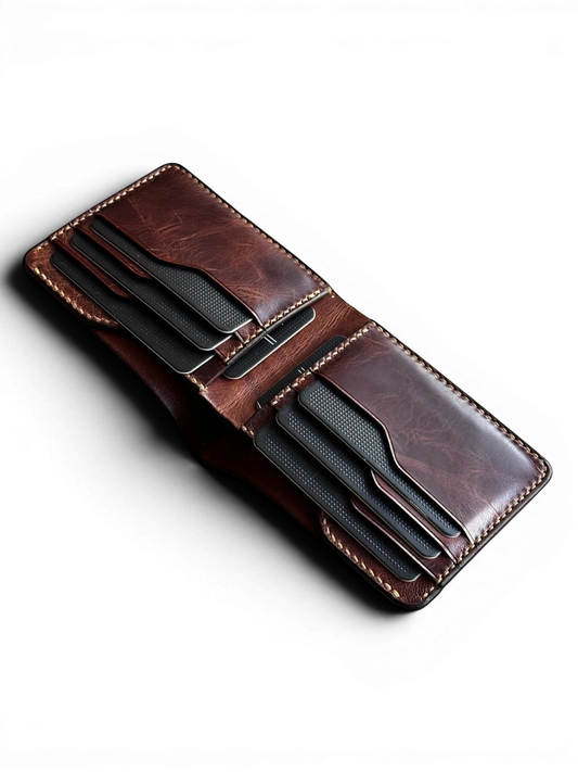 Safir Leather el yapımı, kahverengi hakiki deri cüzdan, çoklu kart bölmeleri ve dayanıklı dikiş detaylarıyla.