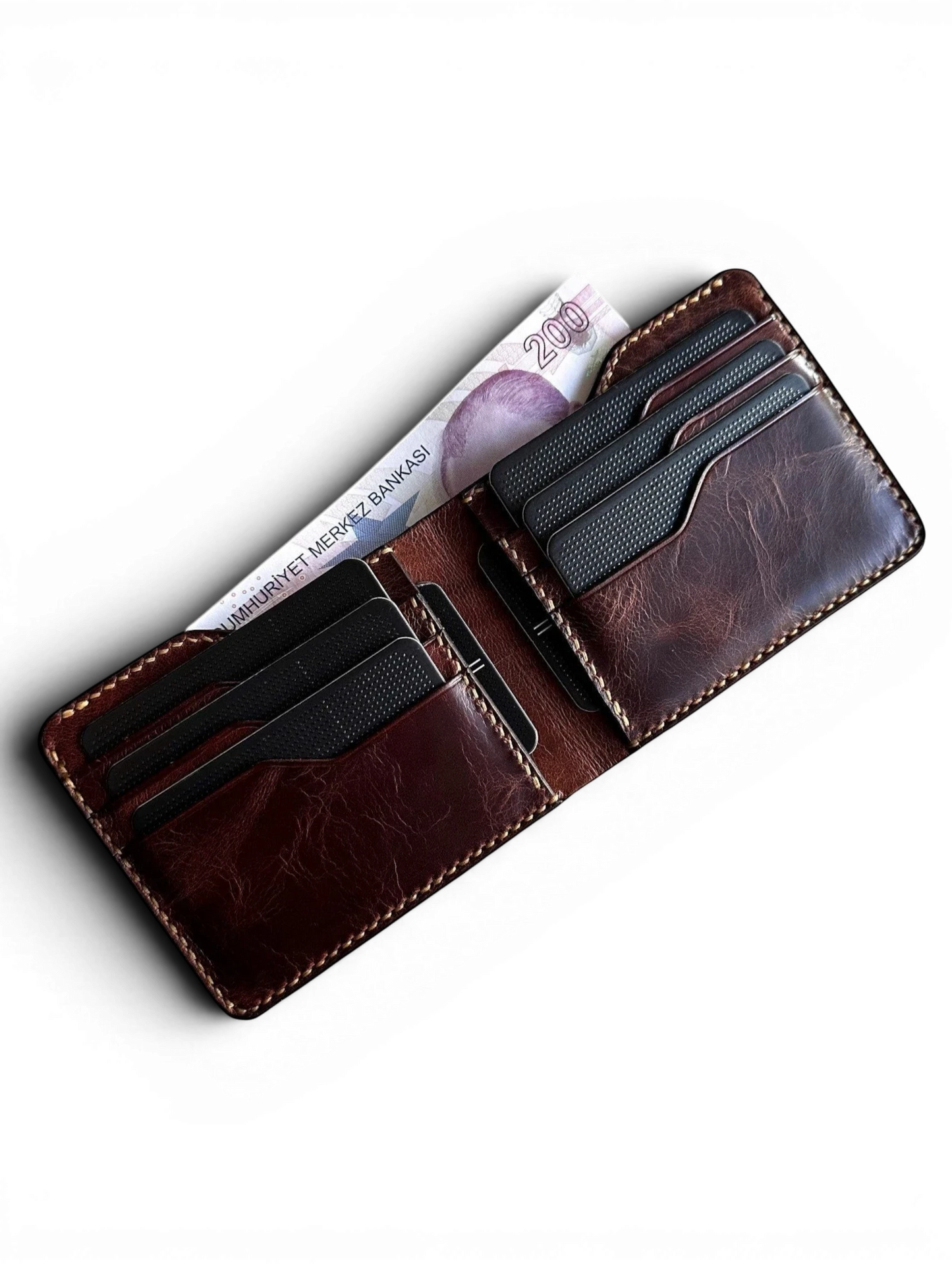 Safir Leather el yapımı, kart bölmeli ve kağıt para gözlü koyu kahverengi hakiki deri cüzdan