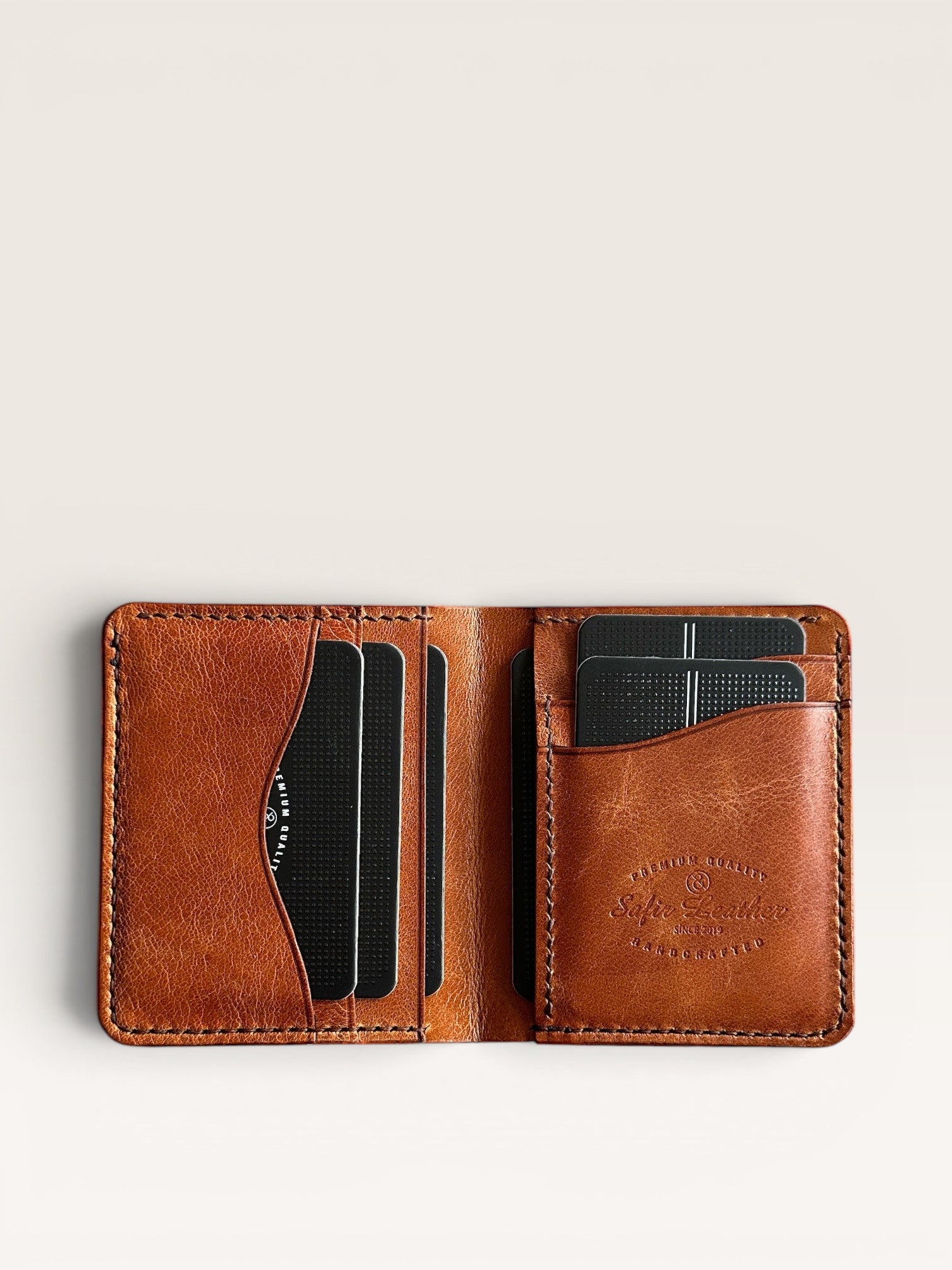 Safir Leather el yapımı, kahverengi hakiki deri cüzdan, kart bölmeli, 10x8.5 cm