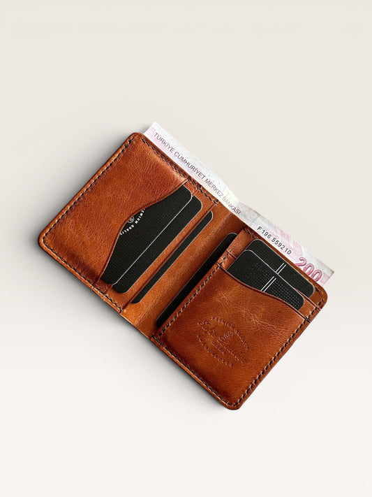 Safir Leather el yapımı, kahverengi hakiki deri cüzdan, kart ve para bölmeli, 10x8.5 cm