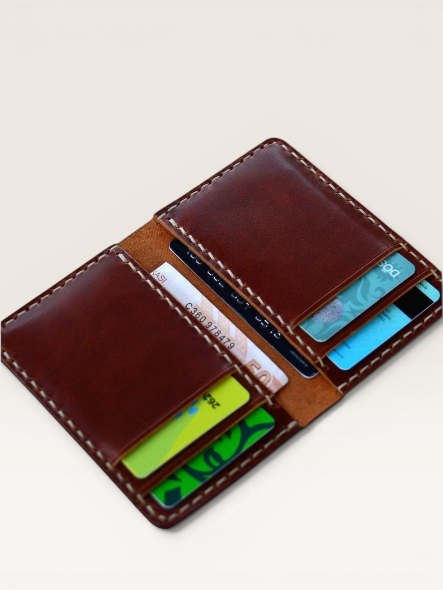 Safir Leather, kahverengi, pull-up deri, el yapımı, 6 kart bölmeli, 2 katlı nakit bölmeli unisex kartlık cüzdan