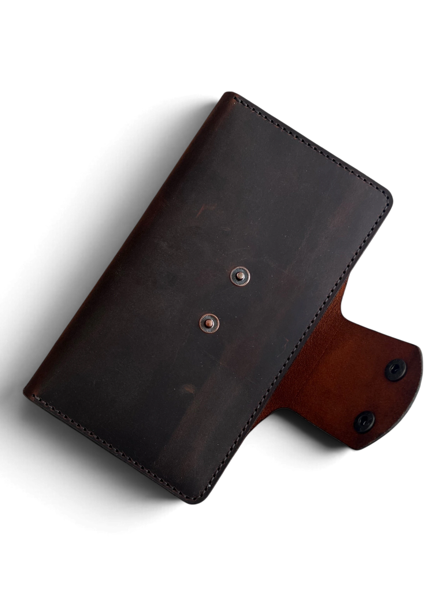 Safir Leather el yapımı koyu kahverengi hakiki dana derisi telefon bölmeli portföy cüzdan