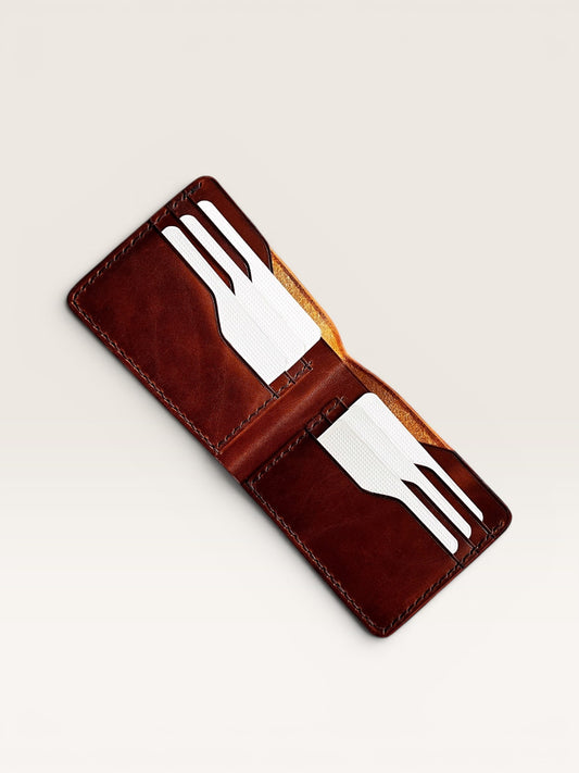 Safir Leather karamel rengi, hakiki deri, el yapımı, minimalist klasik cüzdan. Kartlık detaylı.