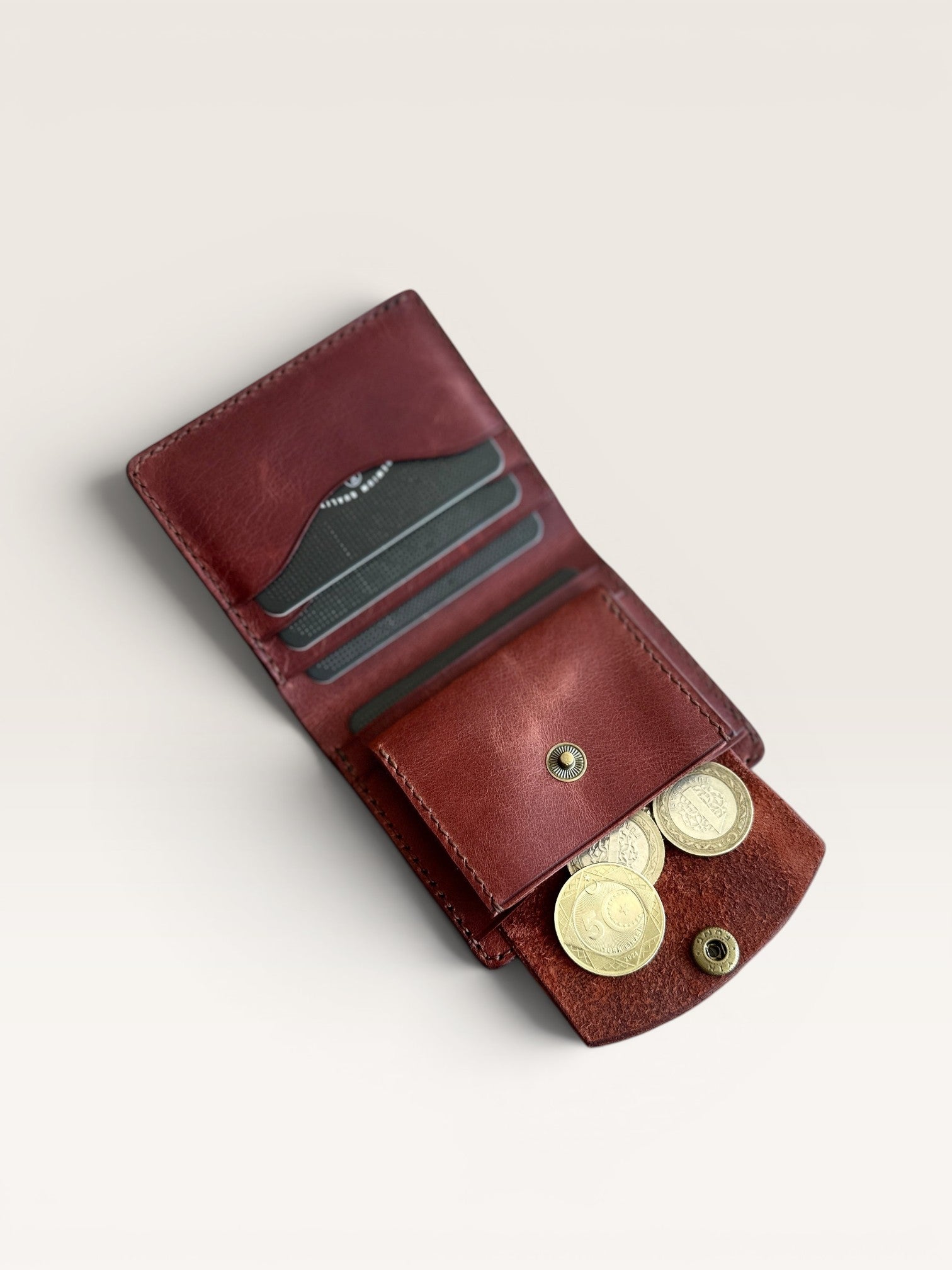 Safir Leather el yapımı İtalyan kızıl kahve deri cüzdan, bozuk para gözlü ve kart bölmeli
