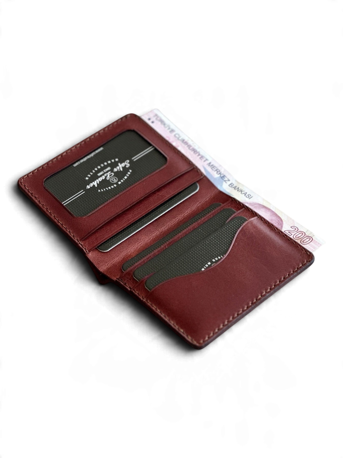 Safir Leather el yapımı İtalyan kızıl kahve deri cüzdan, kart bölmeli ve nakit para için pratik.