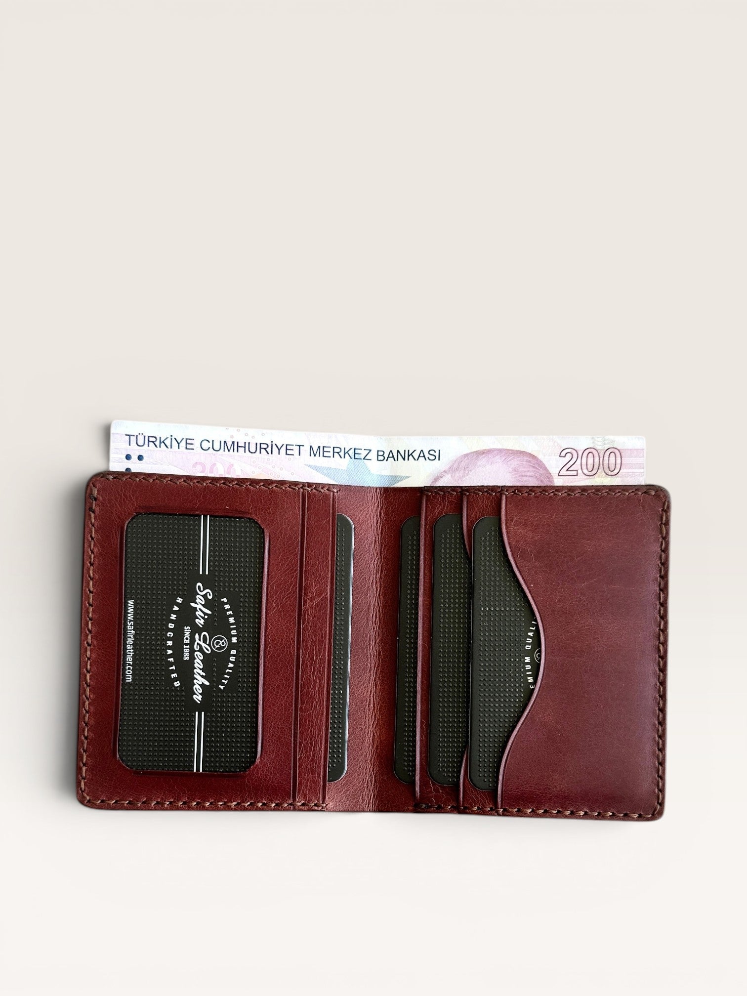 Safir Leather el yapımı, kızıl kahve İtalyan derisi cüzdan, kart bölmeli ve nakit para için pratik.