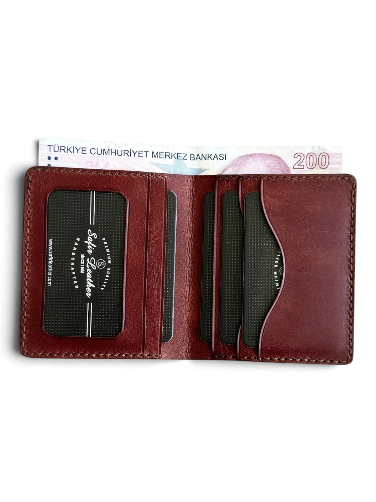 Safir Leather el yapımı, kızıl kahve İtalyan derisi cüzdan, kart bölmeli ve nakit para için pratik.