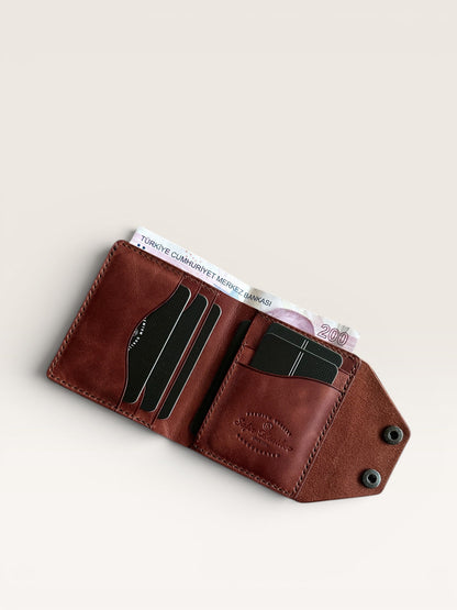 Safir Leather kızıl kahve hakiki deri Babil Lock cüzdan, kart ve para bölmeli, 10x9 cm.
