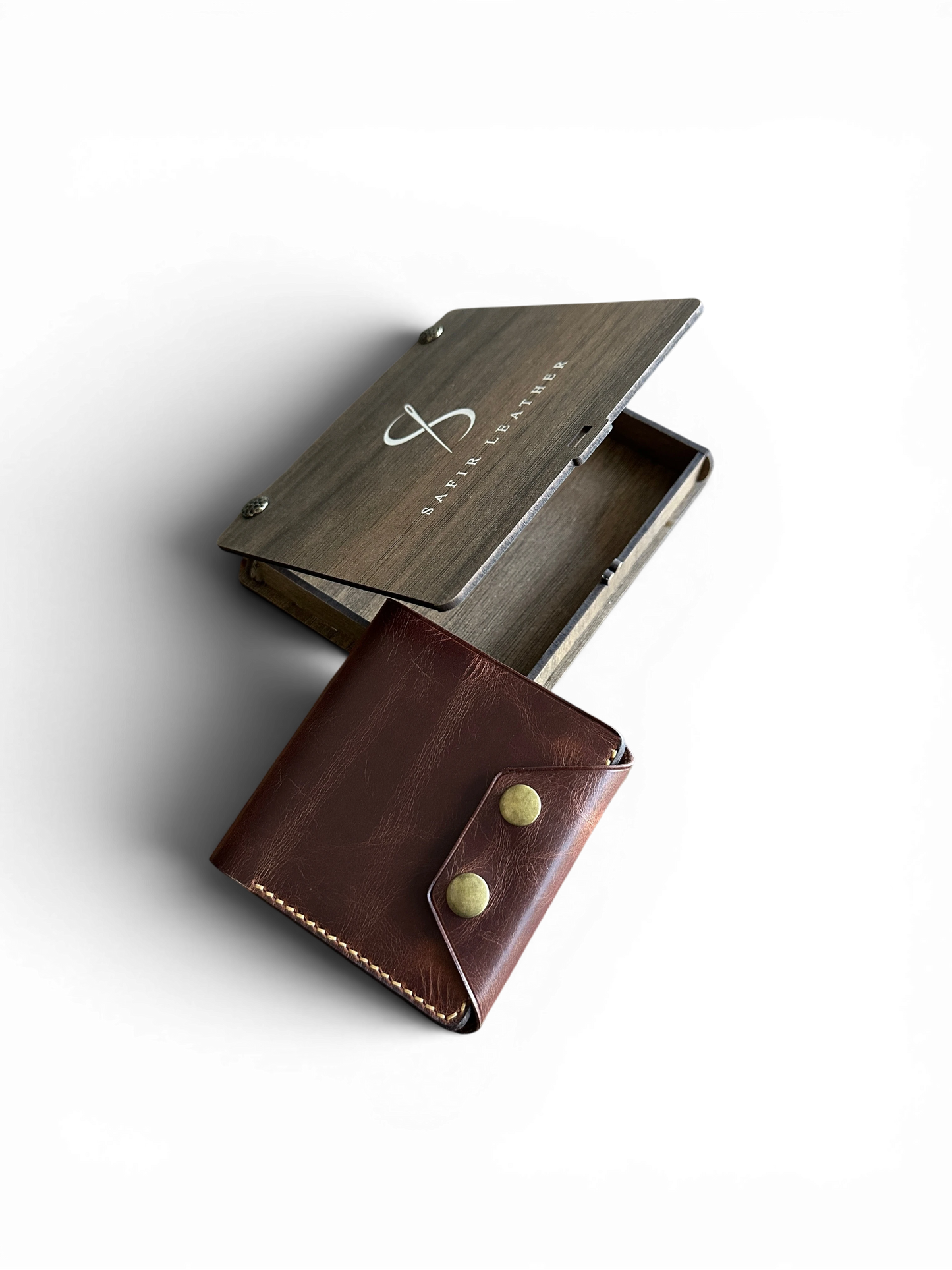 Safir Leather Montana kızıl kahve el yapımı İtalyan deri cüzdan ve özel ahşap hediye kutusu