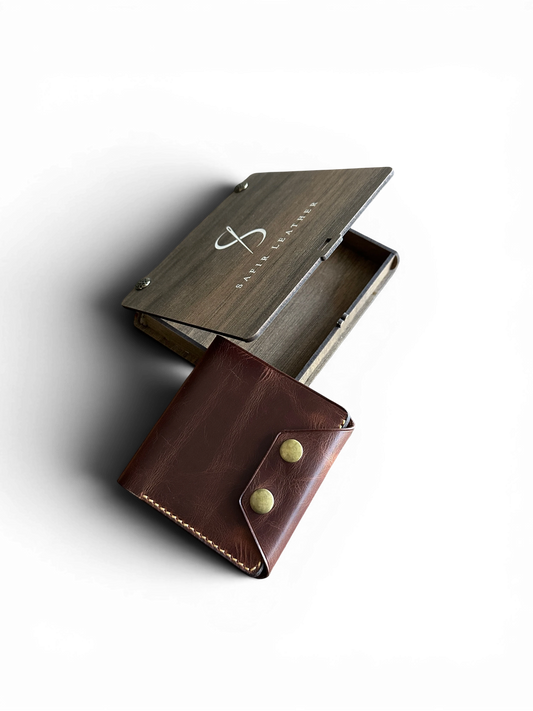 Safir Leather Montana kızıl kahve el yapımı İtalyan deri cüzdan ve özel ahşap hediye kutusu