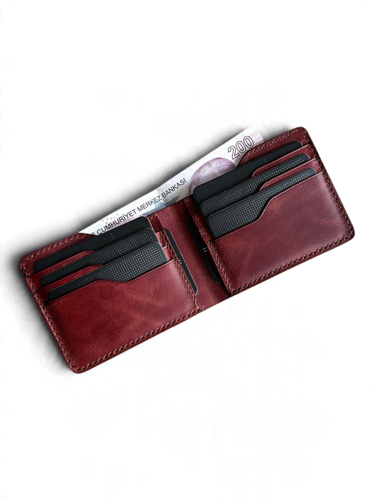Safir Leather, kızıl kahve rengi, İtalyan deri, 8 kart bölmeli, nakit para bölmeli, erkek/kadın cüzdanı