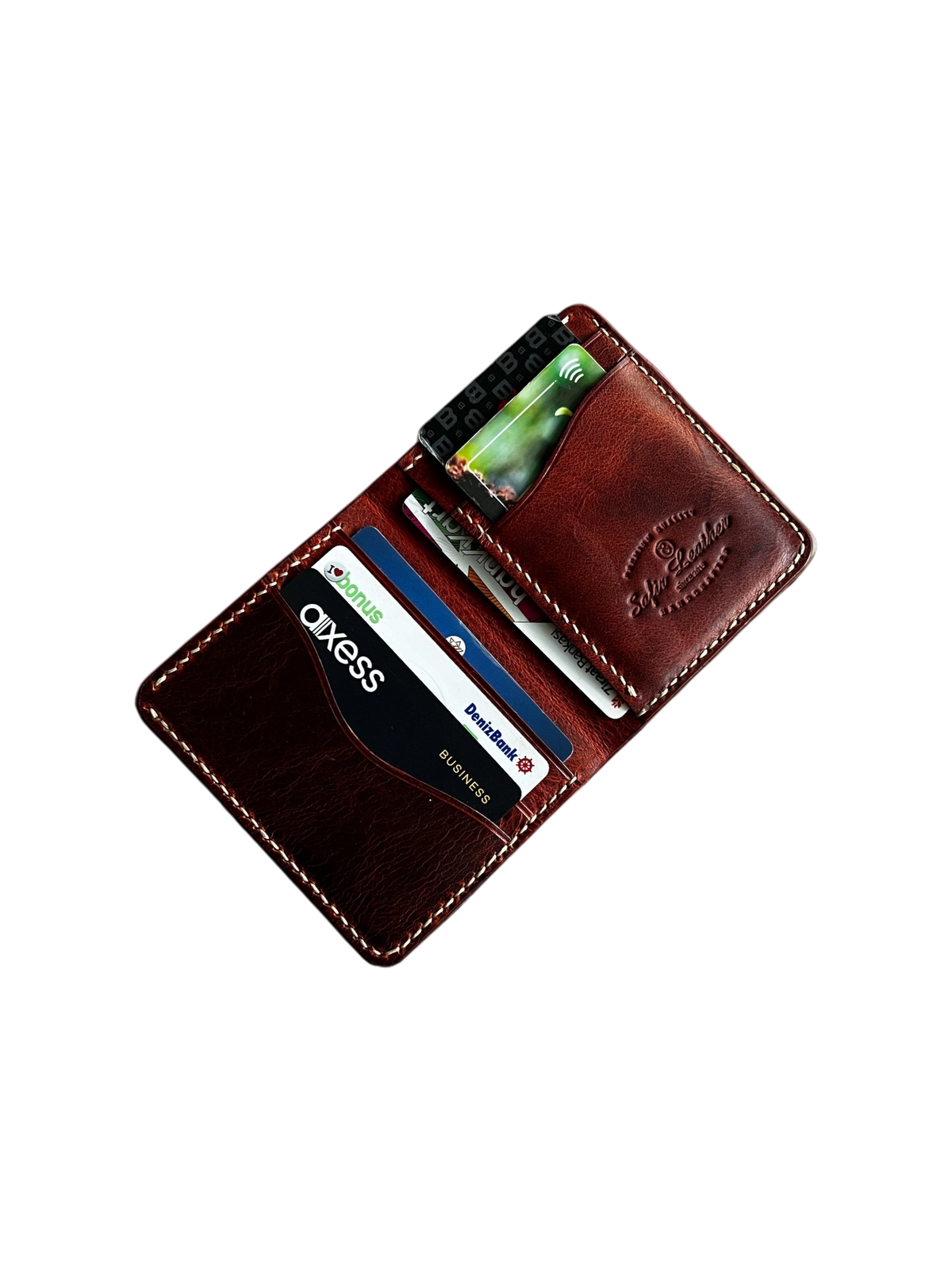 Safir Leather Babil kızıl taba rengi, el yapımı, mumlu dikişli, minimal hakiki dana derisi unisex cüzdan