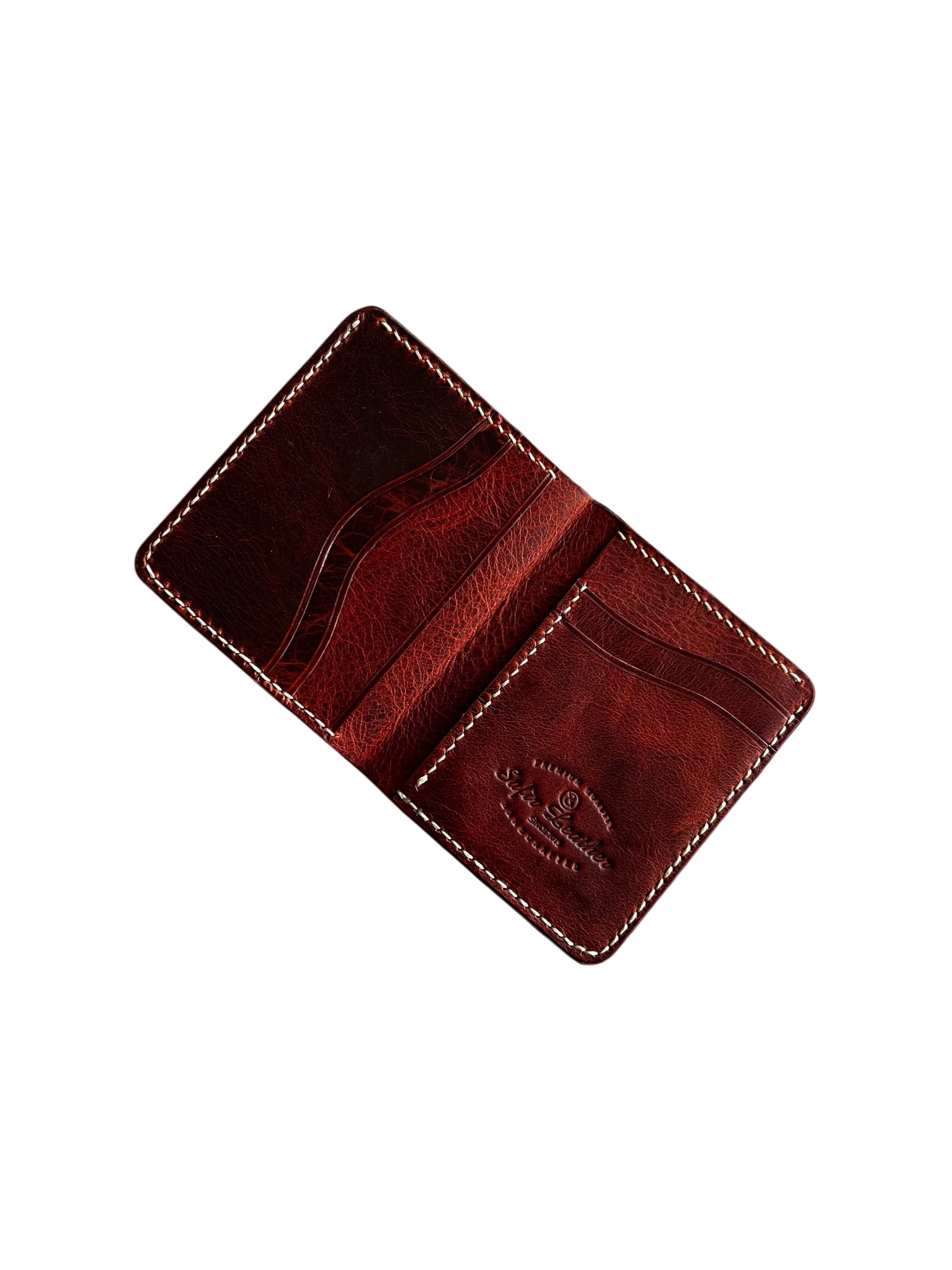 Safir Leather kızıl taba rengi, el yapımı, mumlu dikişli, minimal hakiki dana derisi unisex cüzdan