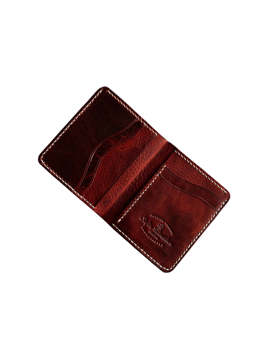 Safir Leather kızıl taba rengi, el yapımı, mumlu dikişli, minimal hakiki dana derisi unisex cüzdan