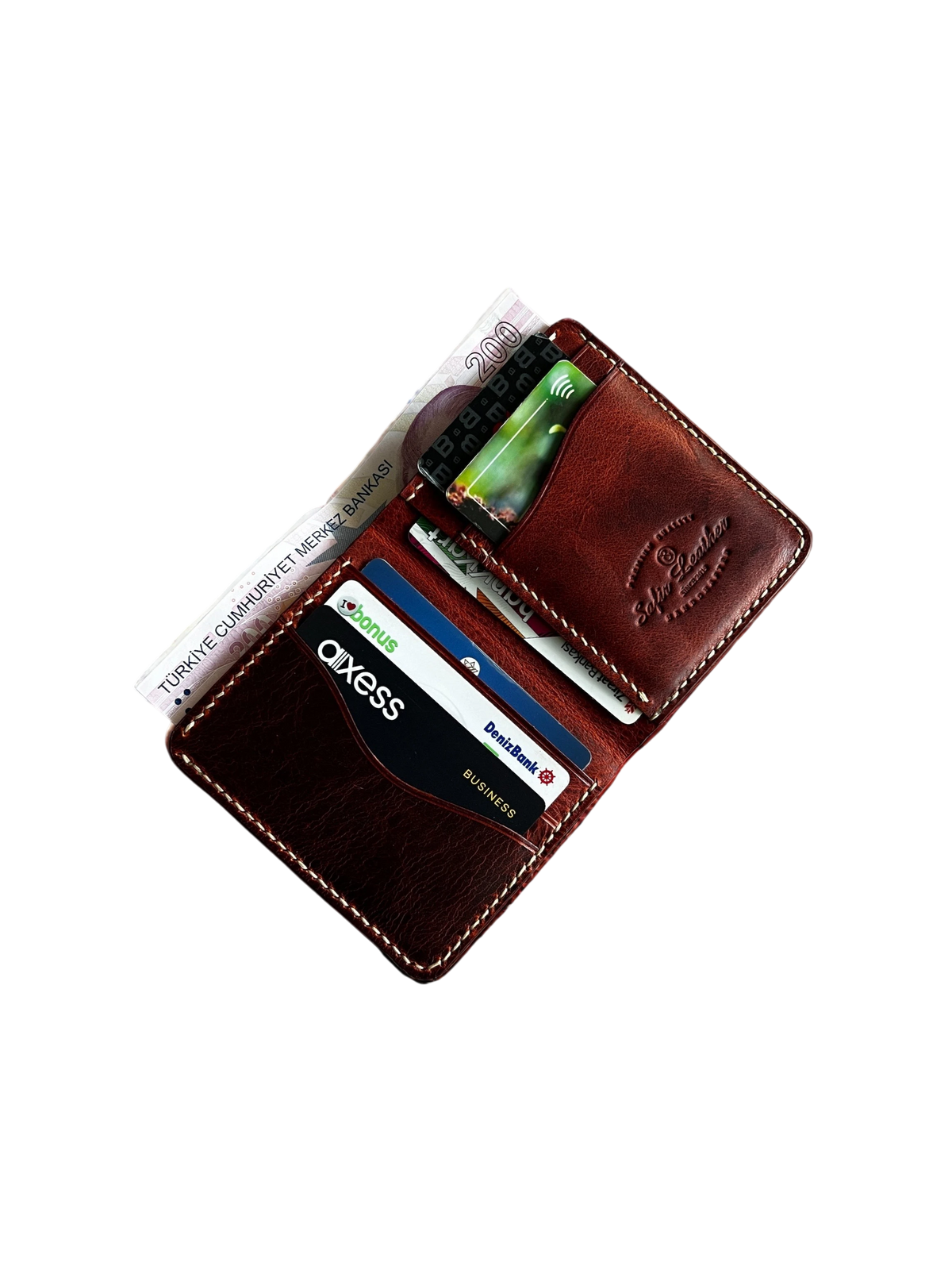 Safir Leather el yapımı kızıl taba rengi hakiki dana derisi minimal kartlık ve cüzdan