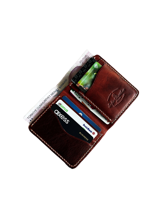 Safir Leather el yapımı kızıl taba rengi hakiki dana derisi minimal kartlık ve cüzdan