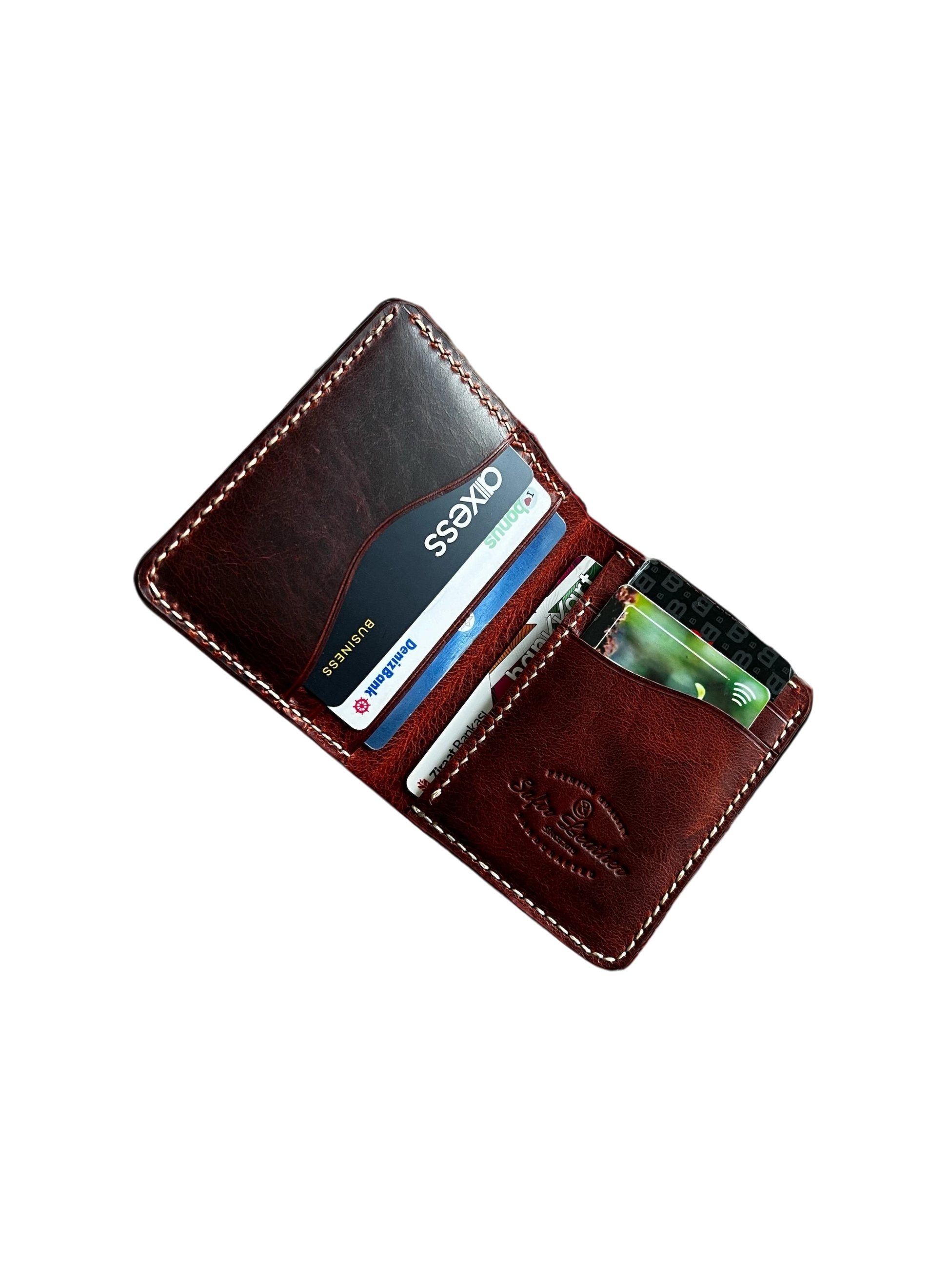 Safir Leather Babil kızıl taba rengi, el yapımı hakiki dana derisi minimal kartlık cüzdan