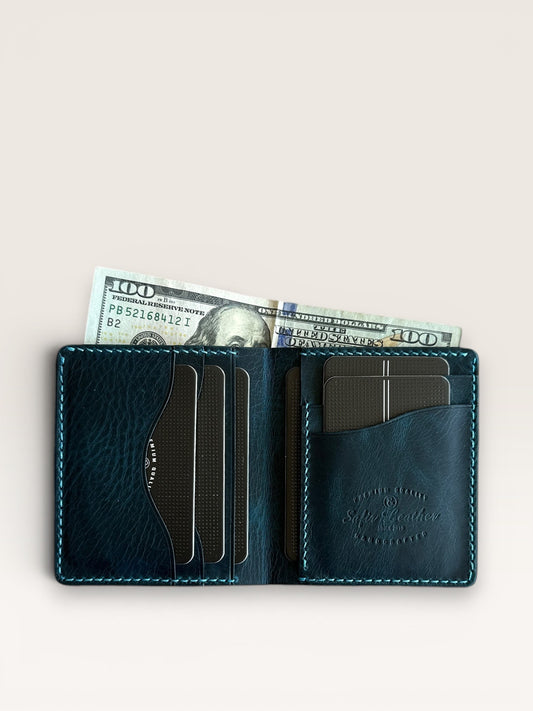 Safir Leather Babil model lacivert İtalyan deri cüzdan, 10x8.5 cm, kart ve para bölmeli, el yapımı.