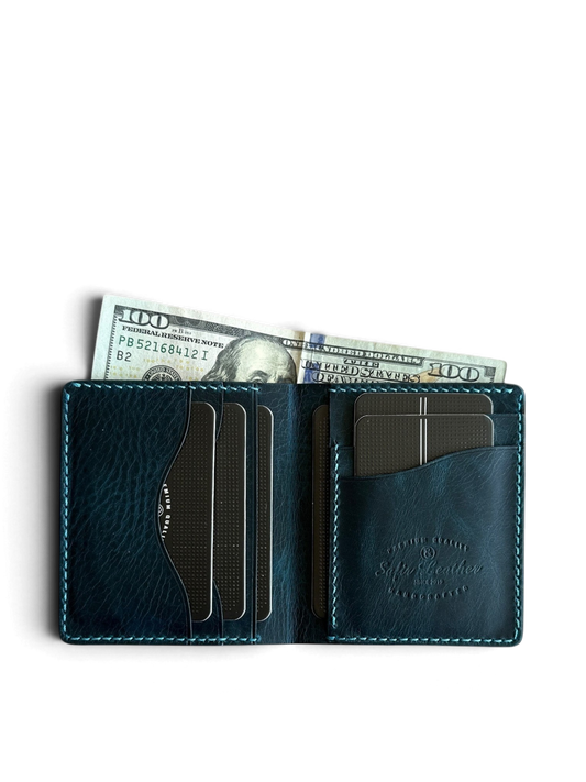 Safir Leather Babil model lacivert İtalyan deri cüzdan, 10x8.5 cm, kart ve para bölmeli, el yapımı.