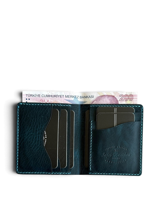 Safir Leather Babil model lacivert hakiki deri cüzdan, kart ve para bölmeli, el yapımı, 10x8.5 cm.