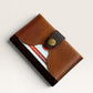 Safir Leather minimalist brown genuine leather cardholder with brass snap closure, 6.8cm H x 10.5cm W.