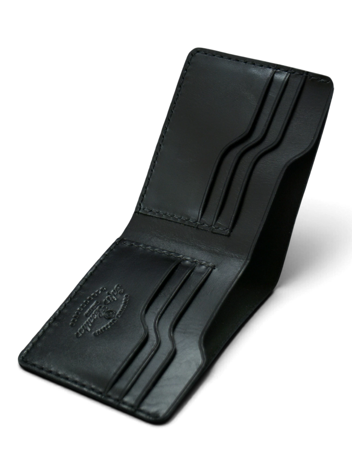 Safir Leather Lidya siyah el yapımı hakiki deri cüzdan, minimal tasarım ve kart bölmeleri ile iç görünüm.