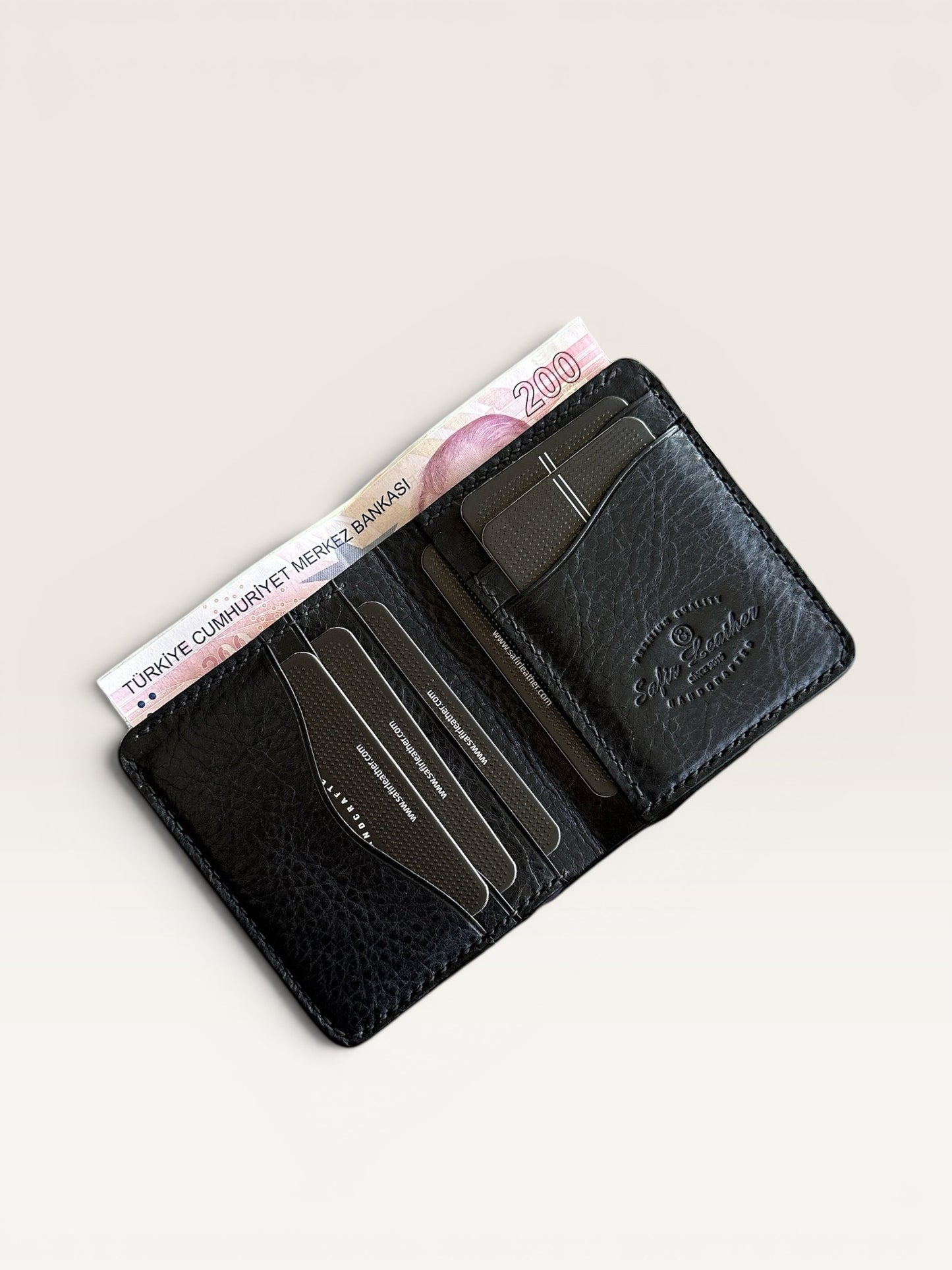 Safir Leather Siyah Deri Minimal Cüzdan, 10x8.5 cm, elde dikilmiş, 6-12 kart kapasiteli, unisex