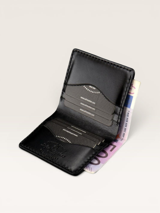 Safir Leather el yapımı siyah deri minimalist cüzdan, 8-12 kart kapasiteli, 10x8.5 cm boyutlarında.